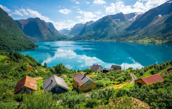 Картинка озеро, Норвегия, домики, Sogn og Fjordane