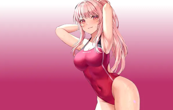 Картинка girl, sexy, Anime, boobs, pink, swimsuit, breasts, armpit, tight, tight suit, ink haired