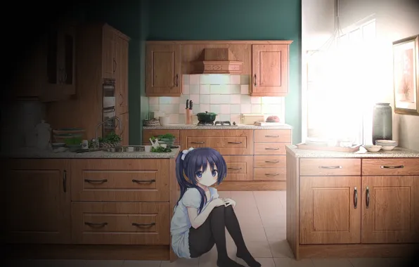 Картинка девушка, утро, кухня, лучи солнца, anime, тян, аниме тяночка, утро на кухне