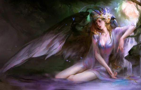 Картинка Девушка, крылья, ангел, фэнтези, сидит