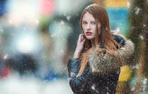 Картинка зима, взгляд, девушка, снег, улица, волосы, куртка