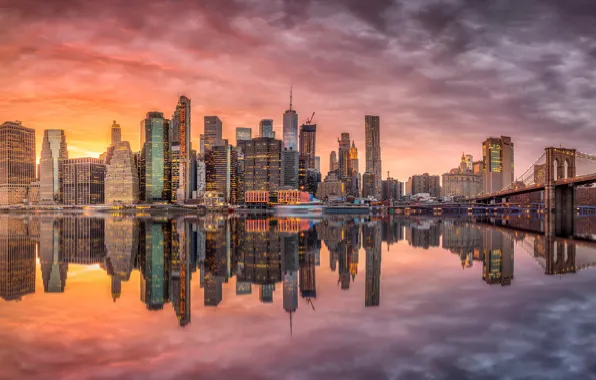 Картинка отражения, мост, город, здания, США, Нью - Йорк