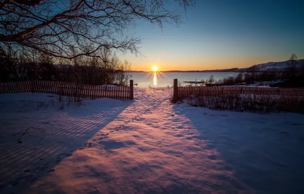 Картинка солнце, снег, закат, следы