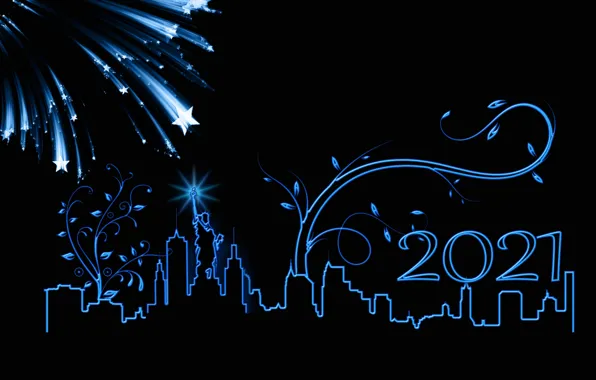 Картинка звезды, дизайн, город, вектор, Нью-Йорк, Новый год, фейерверк, США, черный фон, силуэты, статуя Свободы, 2021