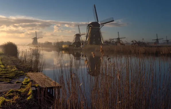 Картинка трава, пейзаж, природа, туман, река, утро, мельницы, Нидерланды, берега, Голландия, мосток