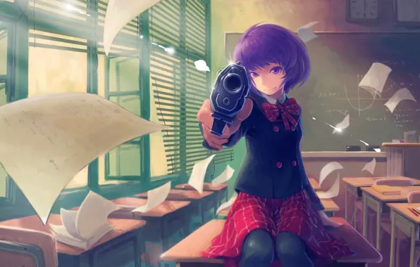 Картинка Girl, Purple, Gun, Eyes, Seifuku