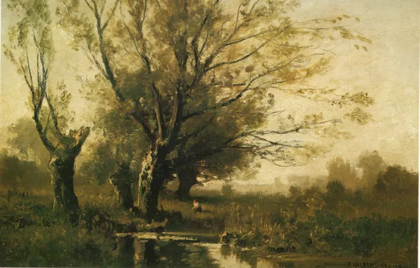 Картинка деревья, река, visual arts, девочка собирает грибы, HALBERG-KRAUSS