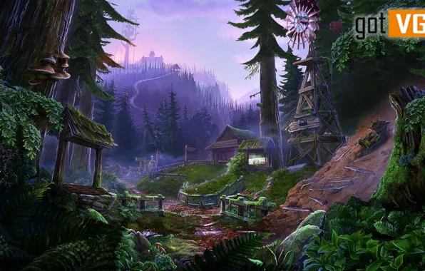 Картинка лес, горы, поселение, The Mists of Ravenwood, Enigmatis 2