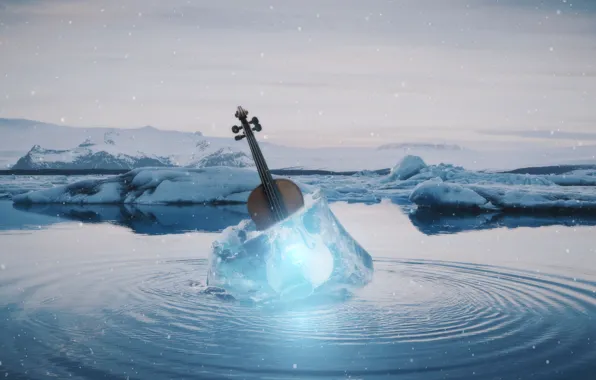 Картинка скрипка, лёд, водоем