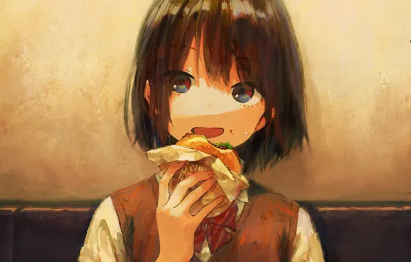 Картинка лицо, девочка, школьница, бутерброд, кусает, жилетка, чёлка