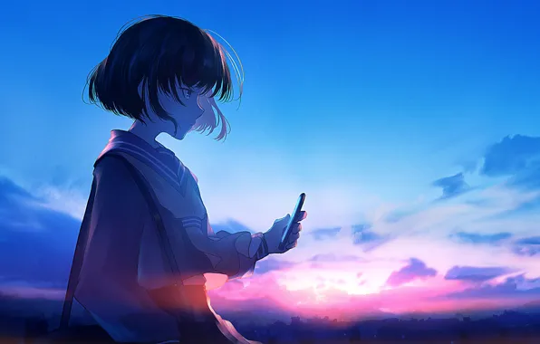 Картинка небо, закат, школьница, смартфон, mifuru