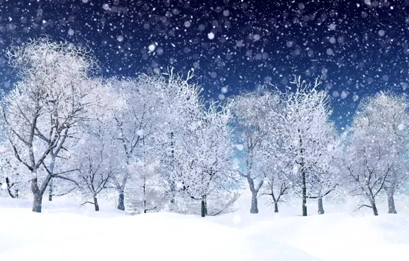 Картинка зима, снег, деревья, снежинки, landscape, winter, snow, tree
