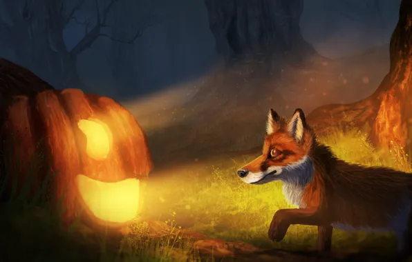 Картинка осень, лес, ночь, лиса, Хэллоуин, светильник Джека, by CreeperMan0508