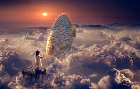 Картинка облака, рыба, девочка