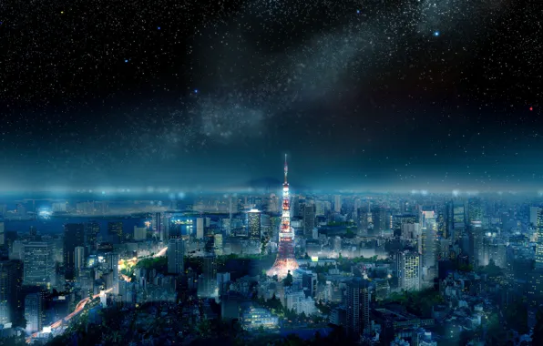 Картинка небо, пейзаж, ночь, город, Токио