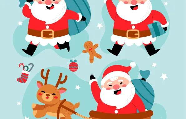 Картинка радость, Улыбка, Рождество, Олень, Новый год, Сани, Санта Клаусы, Рождественские подарки для детей, Развозит подарки