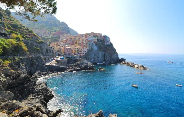 Картинка море, пейзаж, скала, Италия, панорама, Манарола