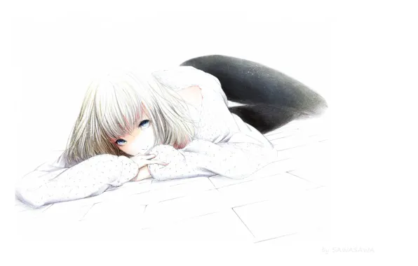 Картинка рисунок, девочка, голубые глаза, лежит на полу, белая блузка, by Sawasawa