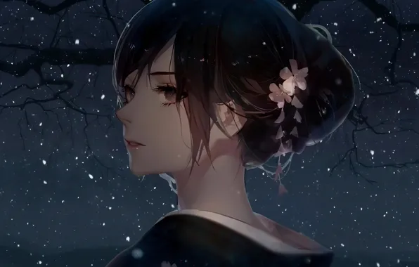 Картинка прическа, гейша, кимоно, цветок в волосах, чёлка, портрет девушки, вполоборота, звездное ночное небо, by Nenelfx