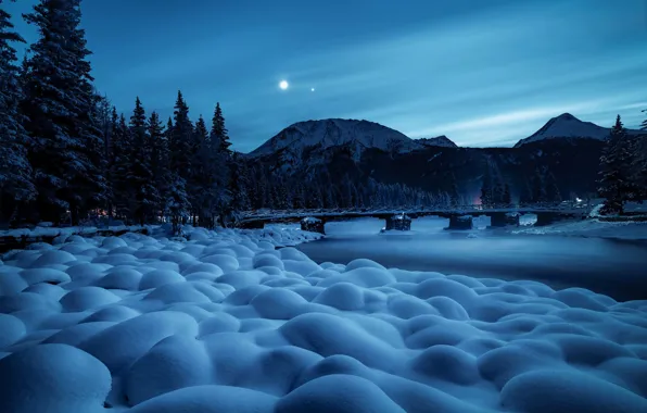 Картинка зима, снег, горы, ночь, мост, река