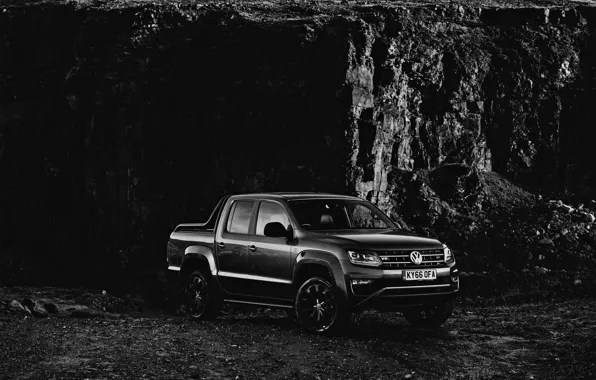 Картинка Volkswagen, пикап, Amarok, Black Edition, 2019, у скалы