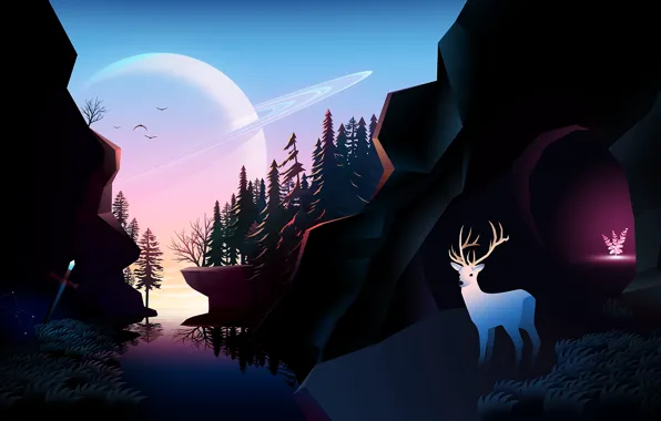 Картинка Planet, Fantastic, Wallpaper, Forest, Deer