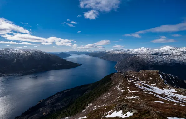 Картинка свобода, облака, Норвегия, простор, space, freedom, clouds, blue sky, голубое небо, фьорд, Hardangerfjord