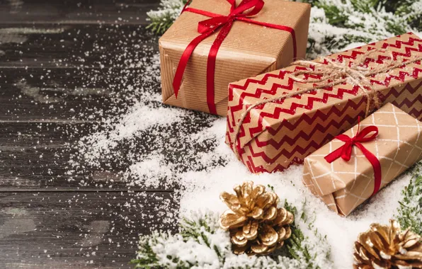 Картинка снег, праздник, доски, Рождество, подарки, Новый год, бантики, шишки, коробки