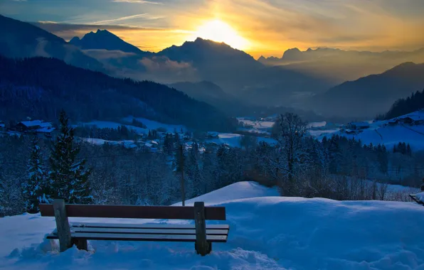 Картинка зима, солнце, пейзаж, закат, горы, природа, Германия, Бавария, Альпы, леса, скамья, снега