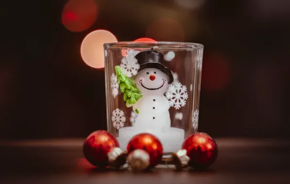 Картинка шарики, снежинки, стакан, фон, Рождество, Новый год, снеговик