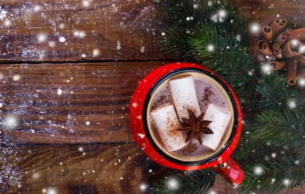 Картинка снег, Новый Год, Рождество, Christmas, wood, snow, New Year, какао, decoration, Merry, fir tree, hot …