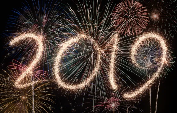 Картинка ночь, огни, салют, colorful, Новый Год, happy, night, New Year, fireworks, 2019