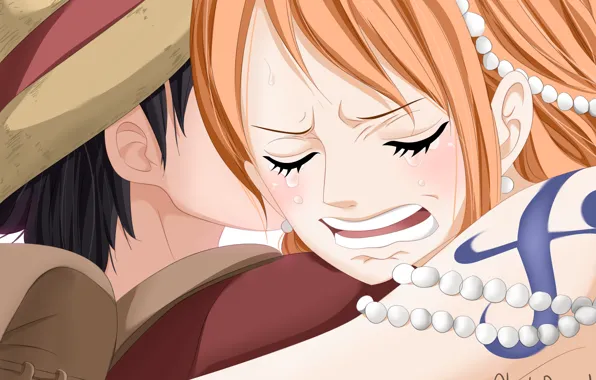 Картинка девушка, парень, двое, One Piece, слёзы, обнимашки