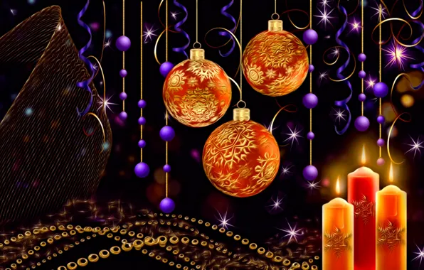 Картинка шарики, свет, темный фон, рендеринг, свечи, Новый Год, искры, Рождество, бусы, гирлянды, картинка, елочные украшения, …