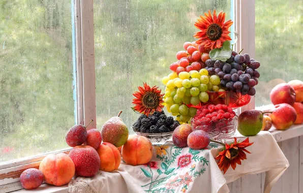 Картинка стекло, капли, свет, цветы, ягоды, малина, дождь, яблоки, полотенце, урожай, окно, виноград, подоконник, фрукты, натюрморт, …
