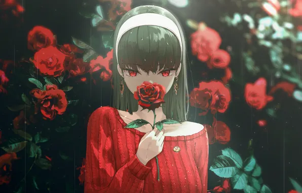 Картинка девушка, цветы, длинные волосы, красные розы, Йору Форгер