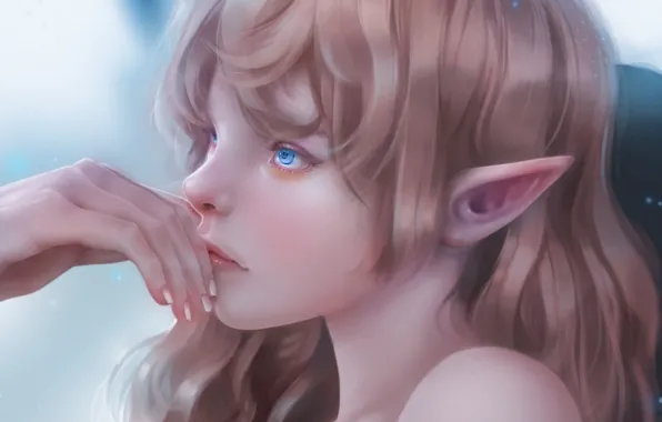 Картинка лицо, рука, эльфийка, голубые глаза, остроухая, elf girl, by Fenrigi Steve
