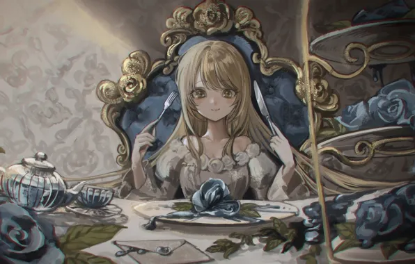 Картинка чай, розы, клетка, девочка, за столом