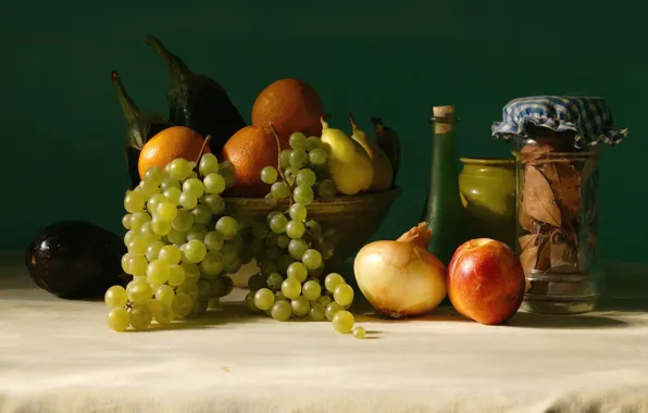 Картинка апельсин, лук, виноград, баклажан, груша, фрукты, овощи