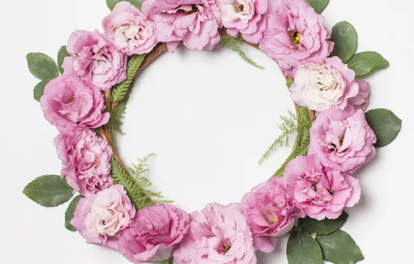 Картинка цветы, розовые, венок, pink, flowers, wreath, эустома, eustoma