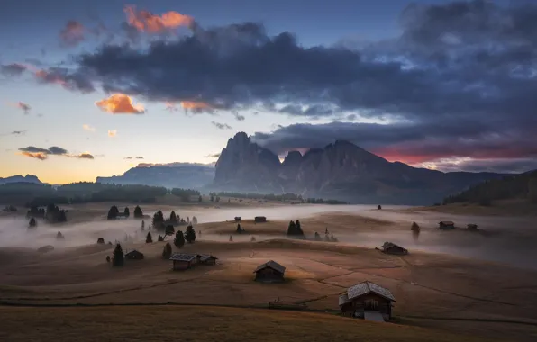 Картинка горы, туман, утро, долина, Альпы, домики