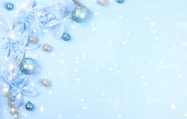 Картинка листья, фон, праздник, голубой, цвет, Рождество, Новый год, снегопад, композиция, ёлочные шарики