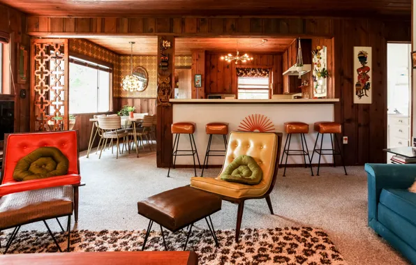 Картинка дизайн, интерьер, кухня, ретро стиль, гостиная, столовая, теплые цвета, Retro Madmen Home