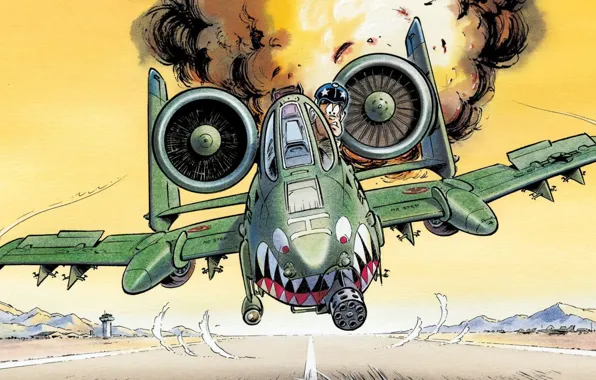 Картинка рисунок, юмор, пилот, штурмовик, взлетная полоса, USAF, Republic, A-10 Thunderbolt II, warthog, аэродом