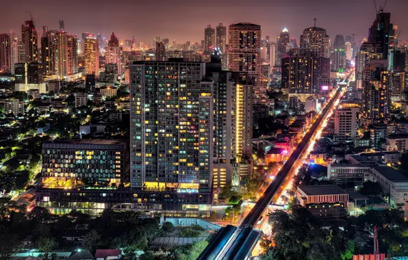 Картинка дорога, ночь, город, огни, Тайланд, Бангкок