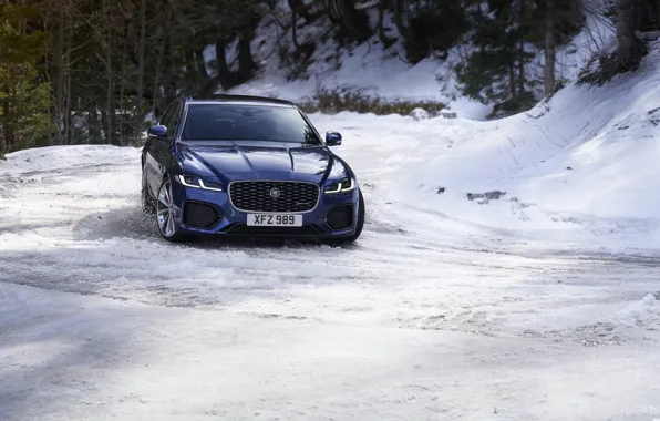 Картинка снег, синий, Jaguar, поворот, седан, AWD, Jaguar XF, 2020, XF