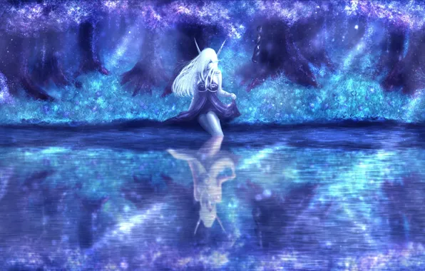 Картинка вода, девушка, ночь, природа, эльф, фэнтези, Warcraft, Night Elf