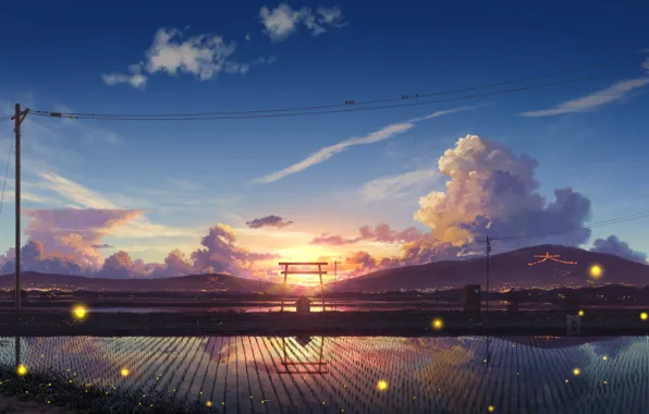 Картинка дорога, облака, закат, светлячки, холмы, столбы, провода, тишина, Япония, птички, отражение в воде, рисовые поля, …