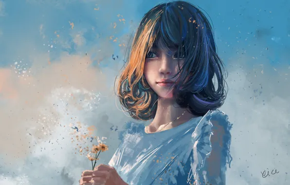 Картинка стрижка, лепестки, белое платье, голубое небо, чёлка, в руках, портрет девушки, полевые цветочки, by Chen …