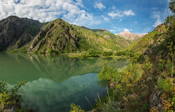 Картинка пейзаж, горы, природа, озеро, растительность, Узбекистан, Урунгач